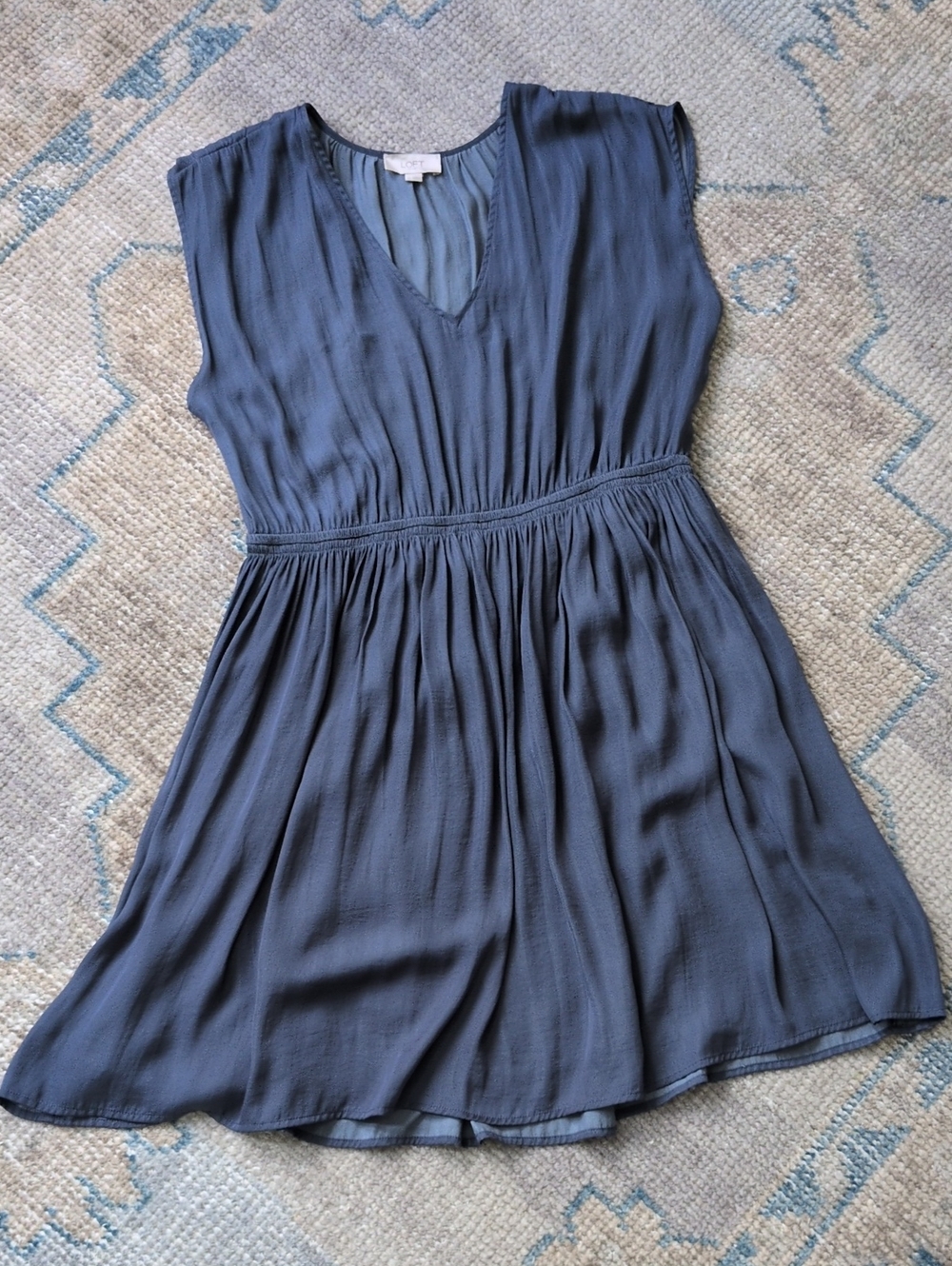 LOFT Outlet Navy Blue Satin V-Neck Fit & Flare Dress Medium